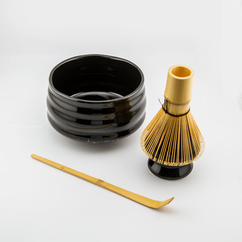 matcha thee set gifftset zwart inhoud los, kom, bamboeklopper, chasaku, zwarte houder