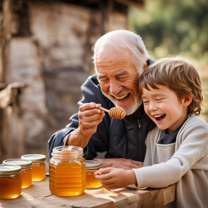 Opa en kleinkind genieten samen van honing - een zoete familiemoment